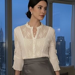 Cache LUXE ivory lace smocked top size L